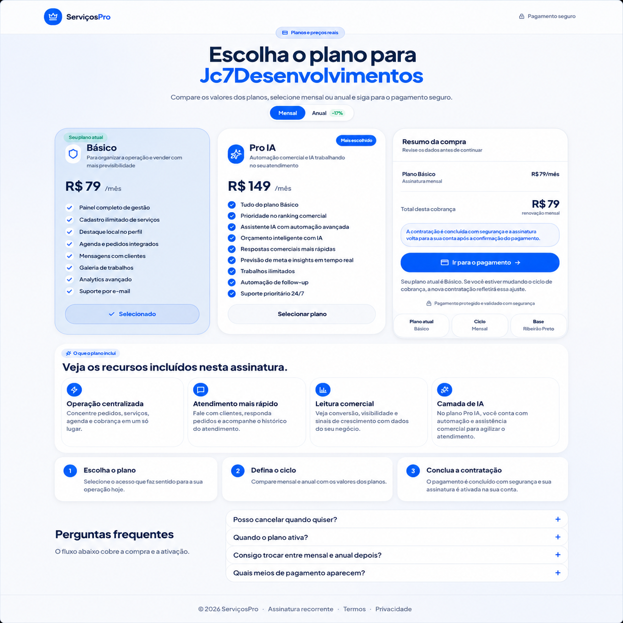 Tela de checkout do Serviços Pro com plano, resumo da assinatura e indicação de destaque.