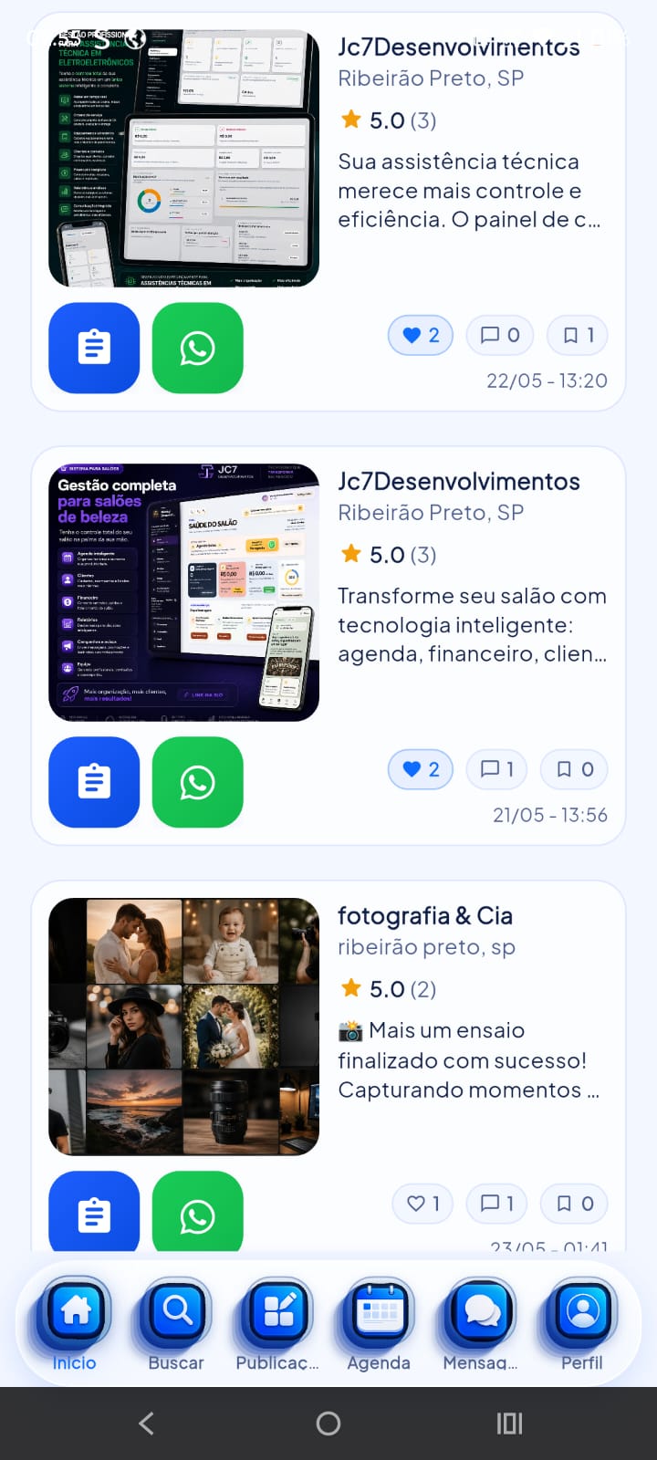 Feed do app cliente com publicações reais dos prestadores.
