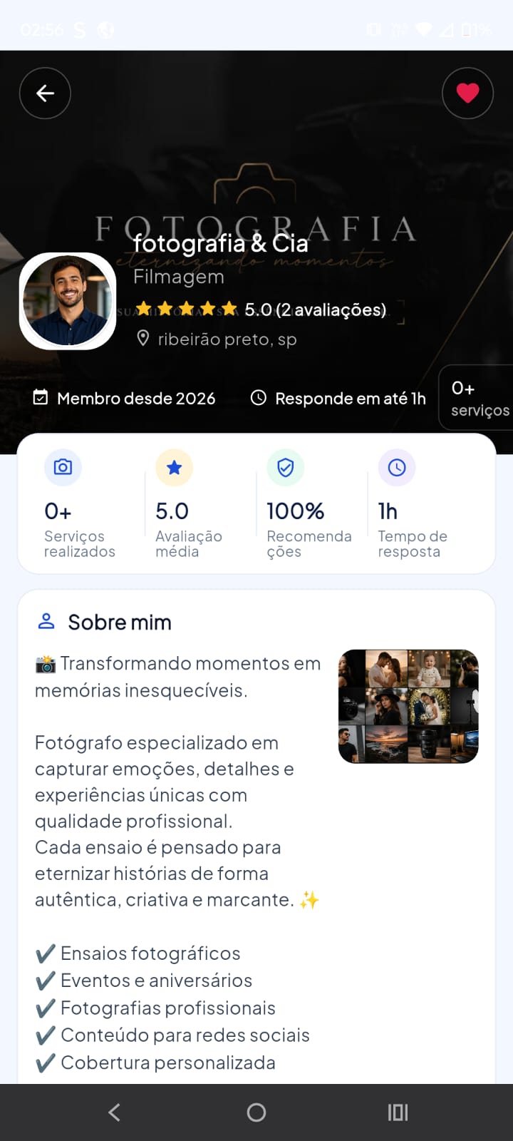 Perfil público do prestador com avaliações e indicadores.