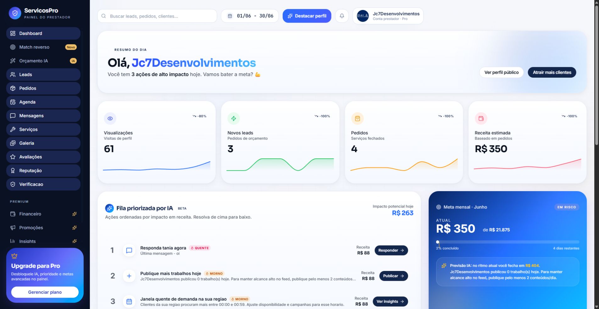 Tela geral do dashboard do Serviços Pro com cards e navegação lateral.