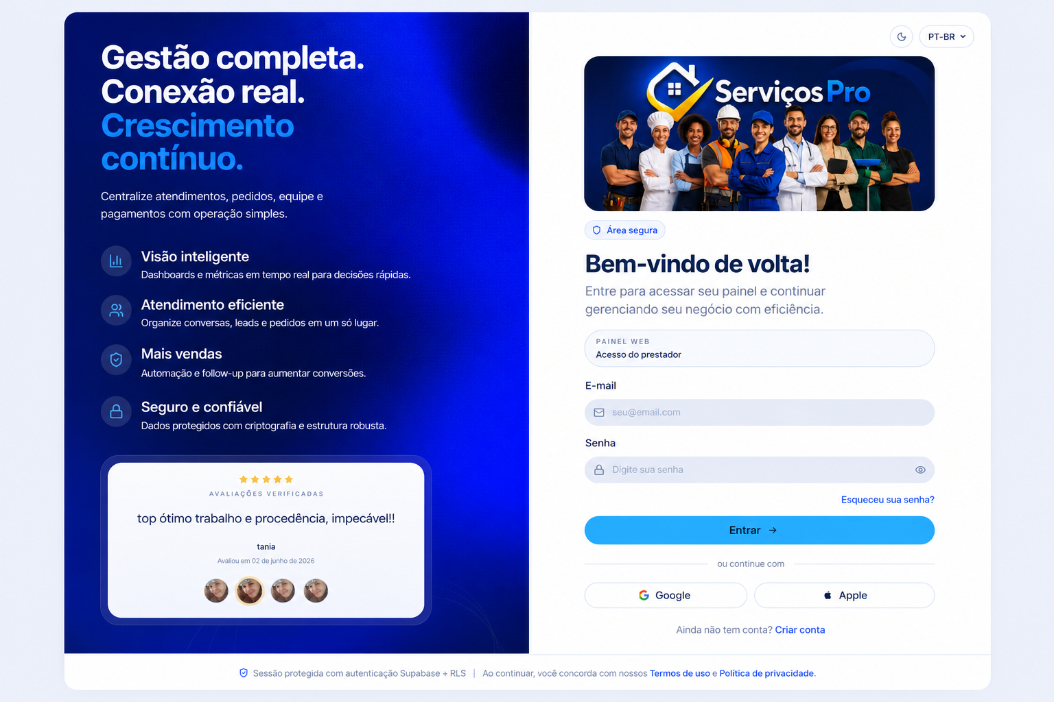 Tela de login do Serviços Pro com benefícios do produto.