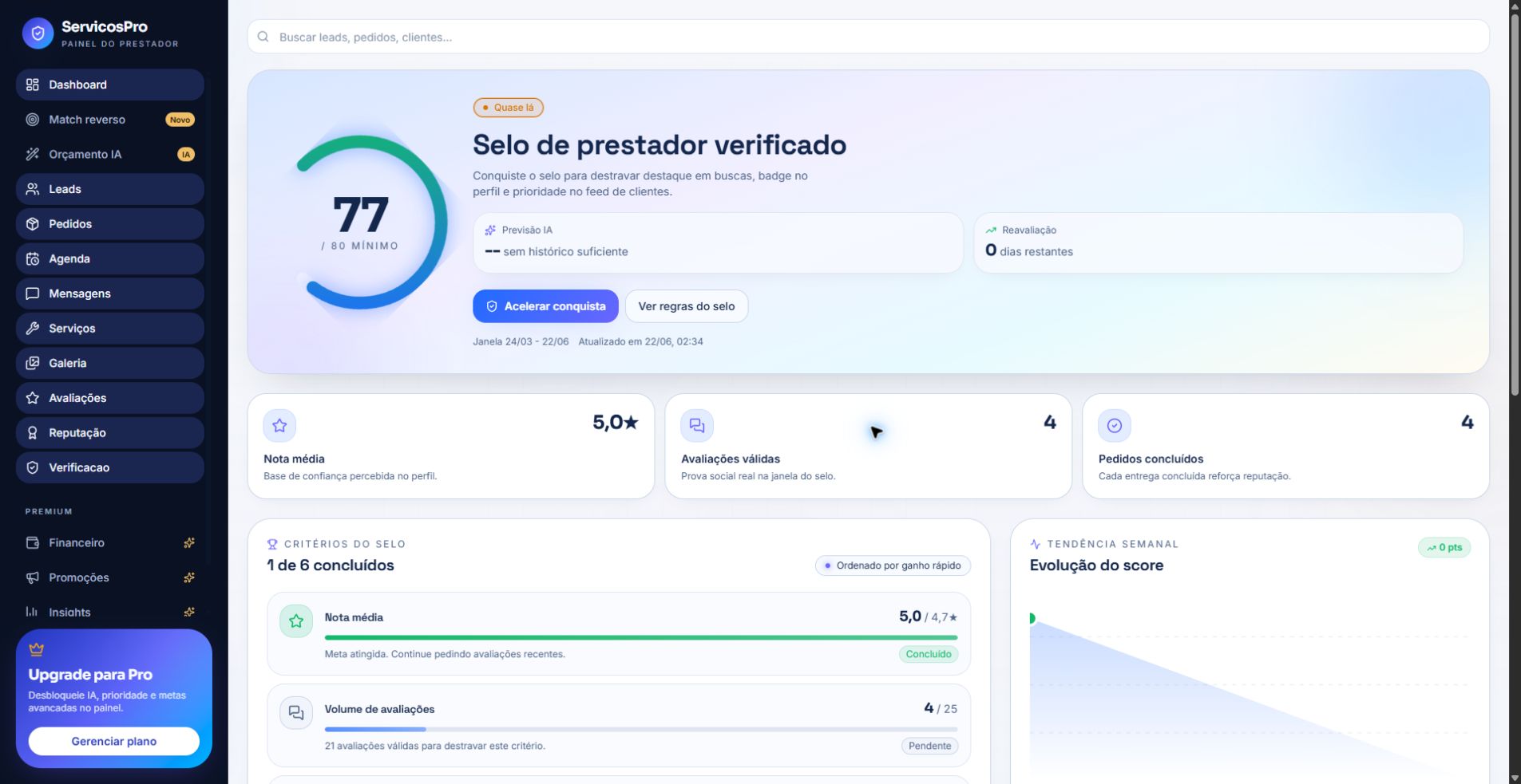 Tela de reputação com score, critérios do selo e evolução.
